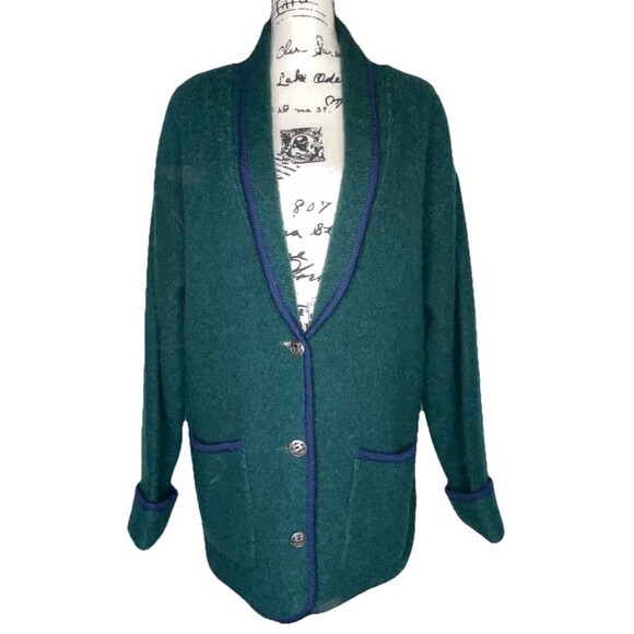 Vtg BellePointe Boiled Wool Cardigan Jacket XL Green Gold Buttons Navy Trim Prep - Picture 7 of 12